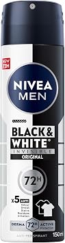 NIVEA MEN Black & White Invisible Antiperspirant Deodorant Spray, Original, 72H Active Protection, 5IN1, Anti-Odour, Sweat, Stains, Residues & Irritation, 150ml